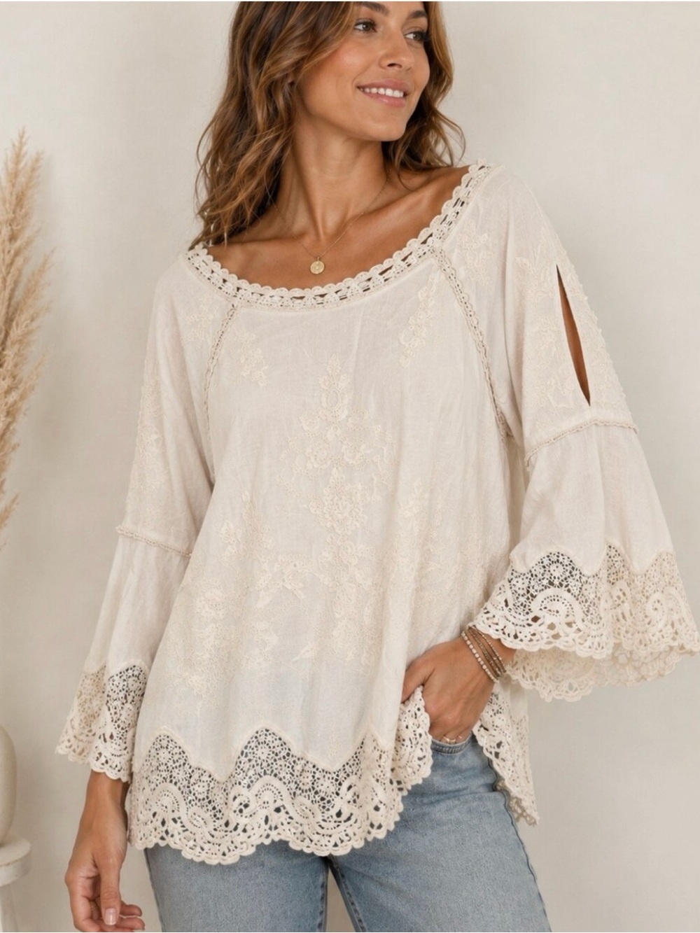NWT | SPIAGGIA DOLCE Ivory Lace Trim VNeck Blouse Top Tunic Embroidered Size XL